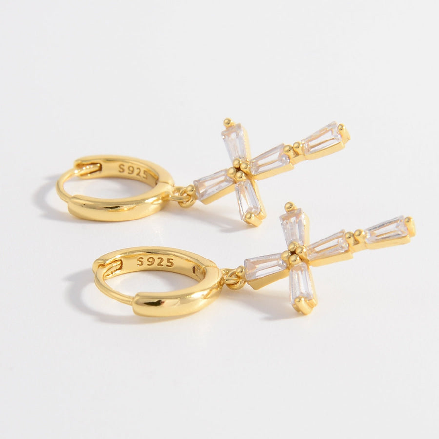 925 Sterling Silver Zircon Cross Earrings Gold / One Size Apparel and Accessories