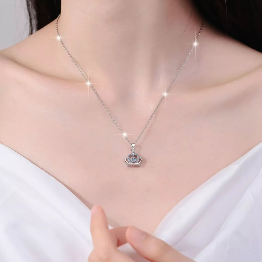 925 Sterling Silver Zircon Crown Pendant Necklace Silver / One Size Apparel and Accessories