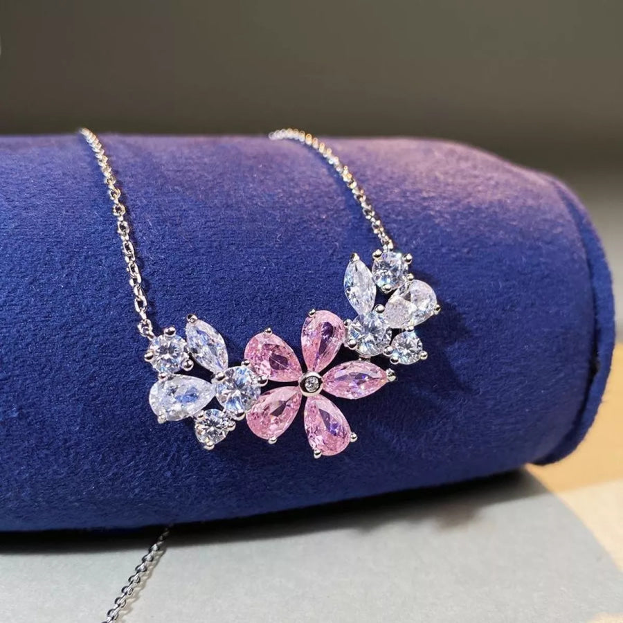 925 Sterling Silver Zircon Flower Necklace Blush Pink / onesize Apparel and Accessories