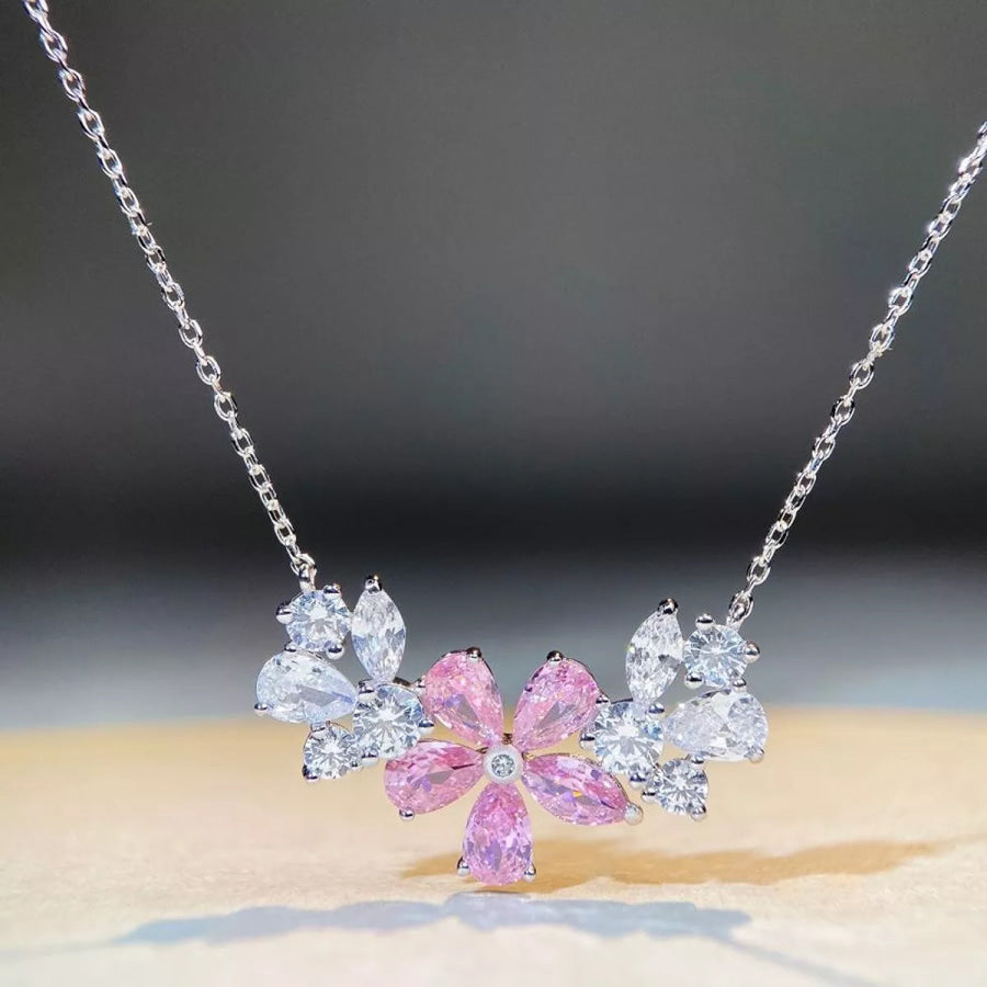 925 Sterling Silver Zircon Flower Necklace Blush Pink / onesize Apparel and Accessories