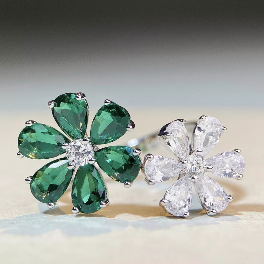 925 Sterling Silver Zircon Flower Ring Dark Green / One Size Apparel and Accessories
