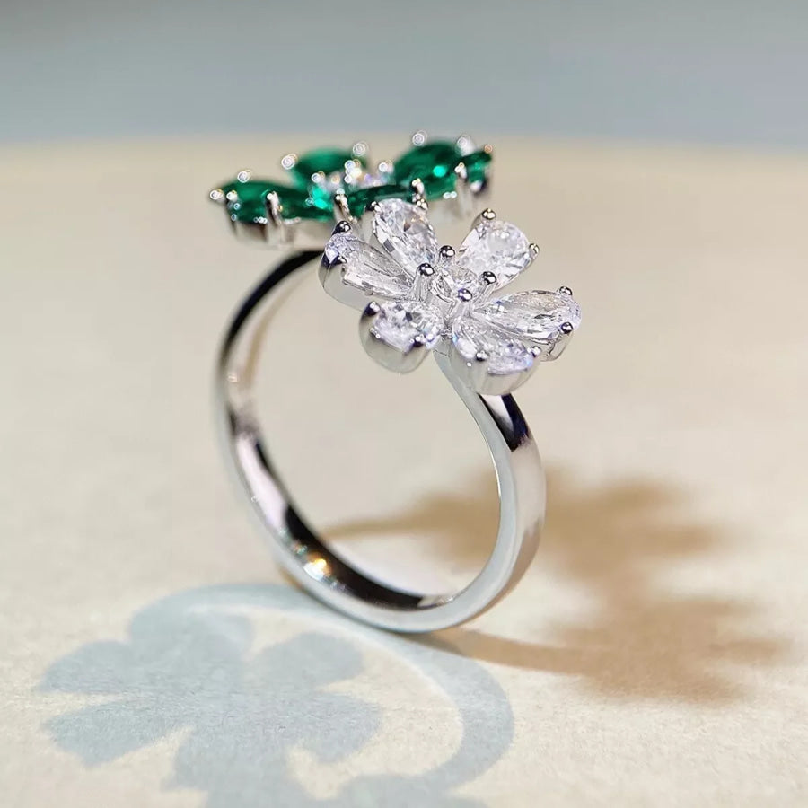 925 Sterling Silver Zircon Flower Ring Dark Green / One Size Apparel and Accessories