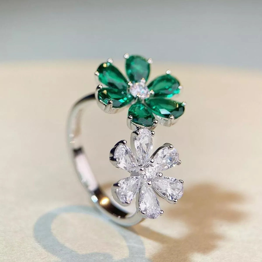925 Sterling Silver Zircon Flower Ring Dark Green / One Size Apparel and Accessories