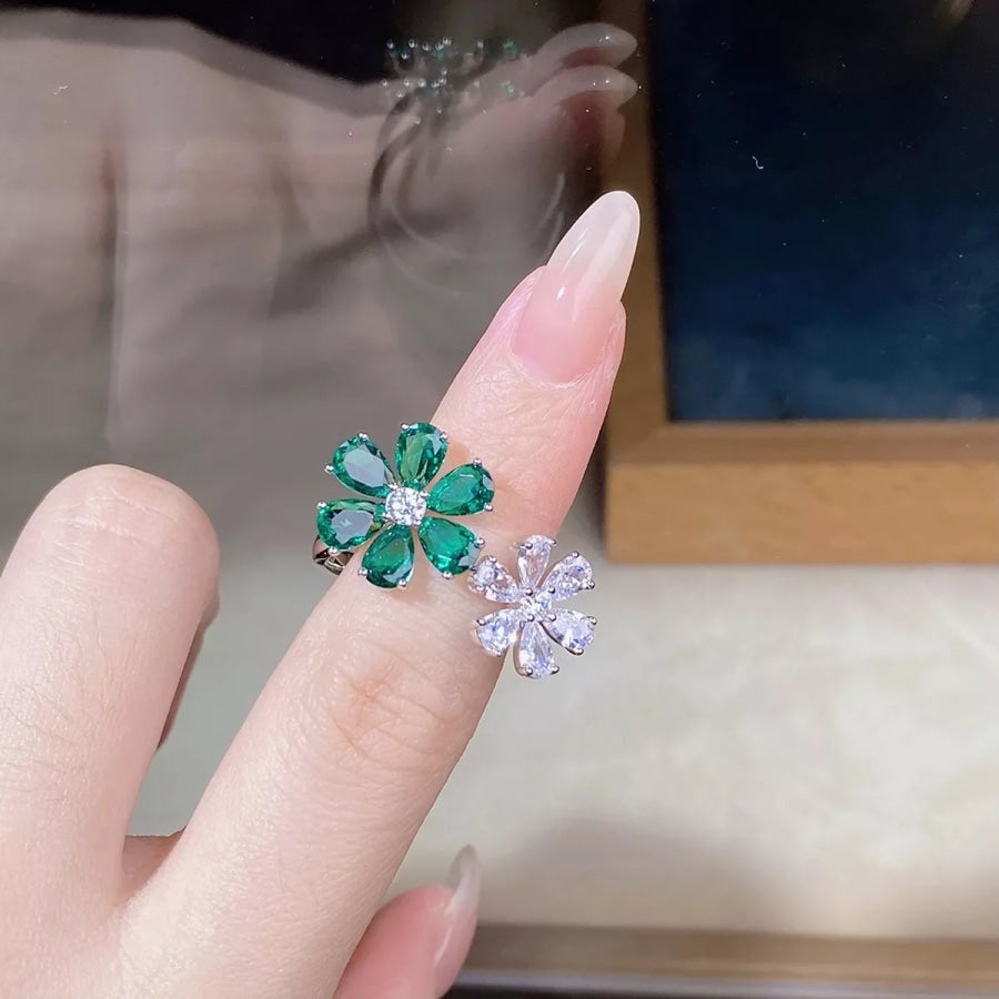 925 Sterling Silver Zircon Flower Ring Dark Green / One Size Apparel and Accessories