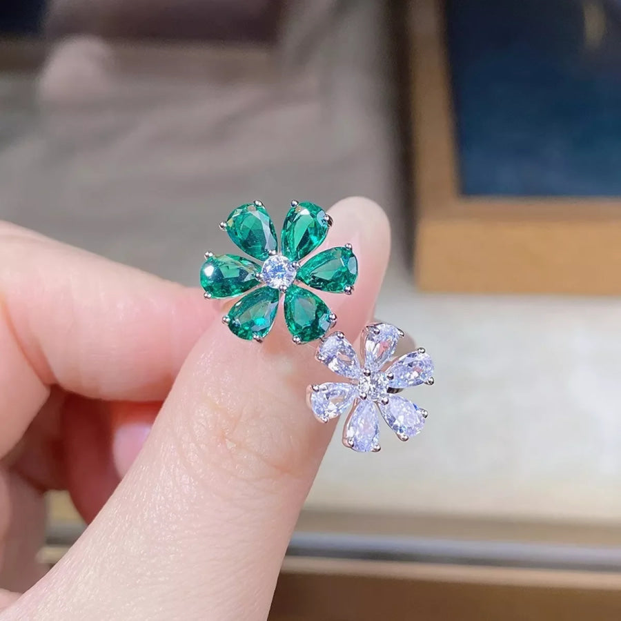 925 Sterling Silver Zircon Flower Ring Dark Green / One Size Apparel and Accessories