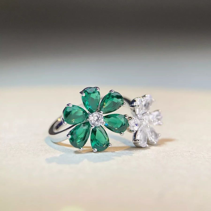 925 Sterling Silver Zircon Flower Ring Dark Green / One Size Apparel and Accessories