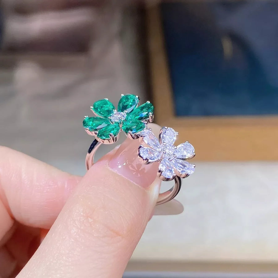 925 Sterling Silver Zircon Flower Ring Dark Green / One Size Apparel and Accessories