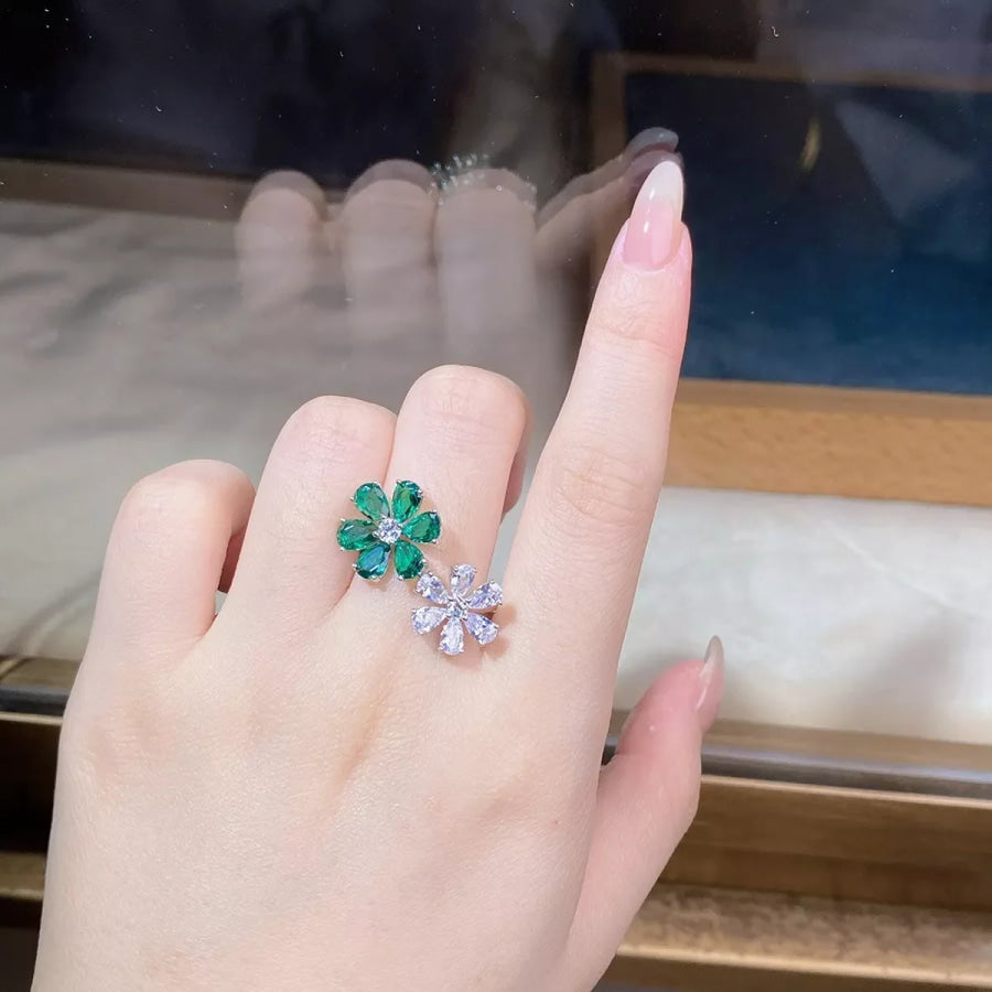 925 Sterling Silver Zircon Flower Ring Dark Green / One Size Apparel and Accessories