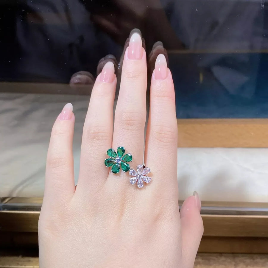 925 Sterling Silver Zircon Flower Ring Dark Green / One Size Apparel and Accessories