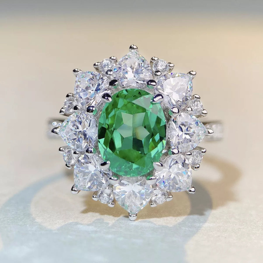 925 Sterling Silver Zircon Flower Ring Green / 5 Apparel and Accessories