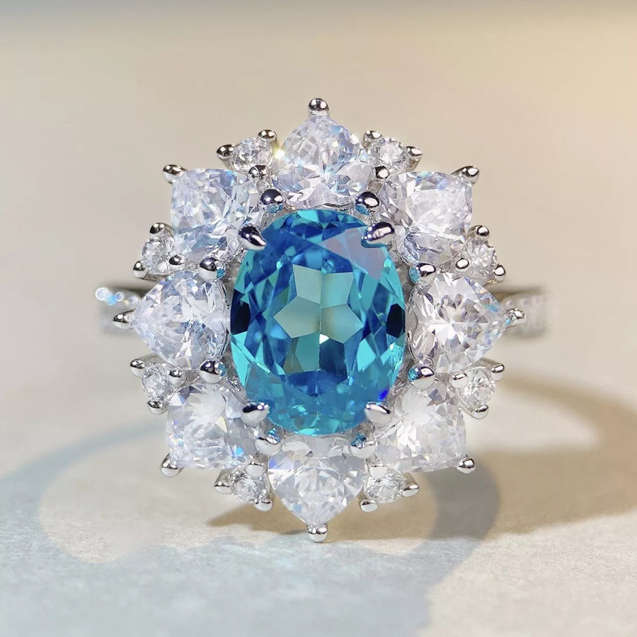 925 Sterling Silver Zircon Flower Ring Pastel Blue / 5 Apparel and Accessories