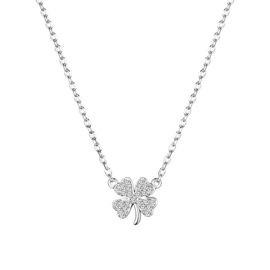 925 Sterling Silver Zircon Four Leaf Clover Necklace Silver / One Size Apparel and Accessories