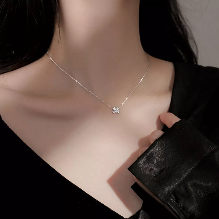 925 Sterling Silver Zircon Four Leaf Clover Necklace Silver / One Size Apparel and Accessories