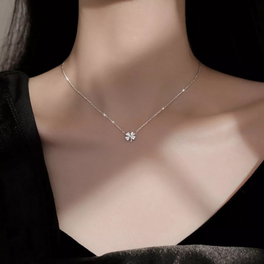 925 Sterling Silver Zircon Four Leaf Clover Necklace Silver / One Size Apparel and Accessories