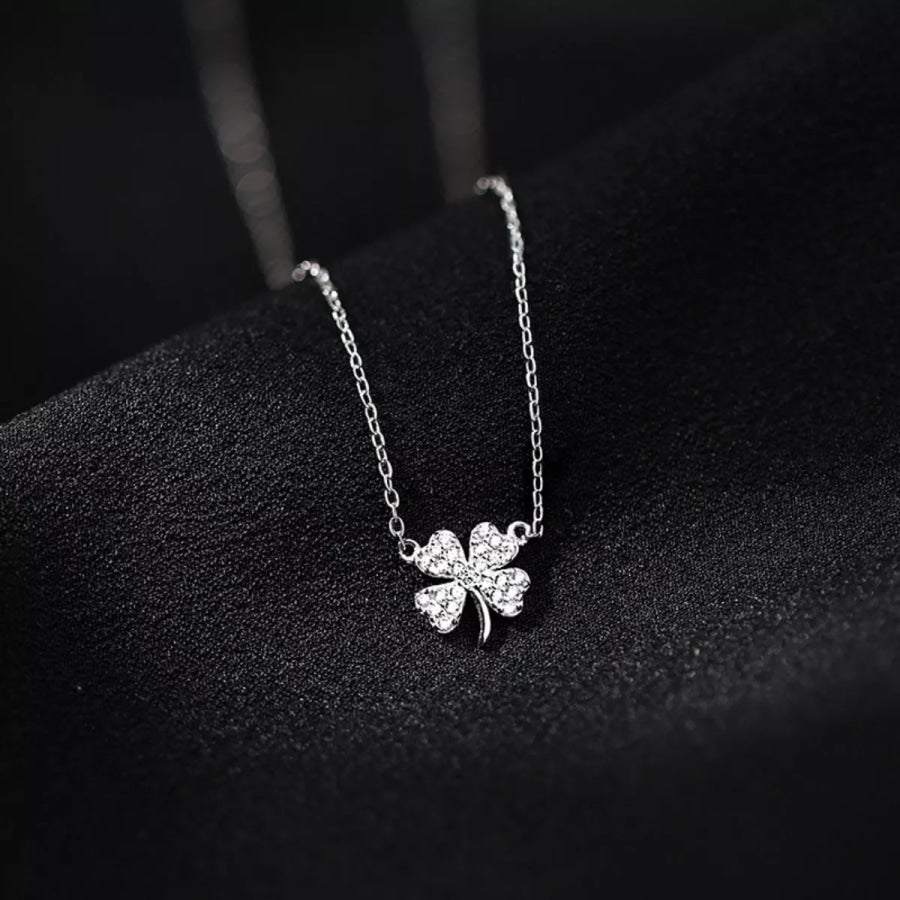 925 Sterling Silver Zircon Four Leaf Clover Necklace Silver / One Size Apparel and Accessories