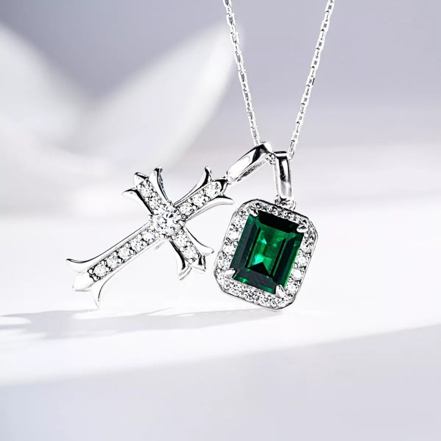 925 Sterling Silver Zircon Geometric Cross Necklace Dark Green / One Size Apparel and Accessories