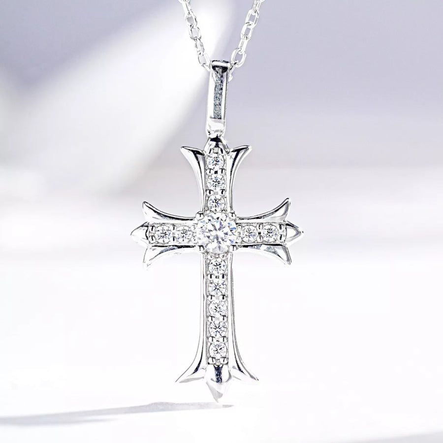 925 Sterling Silver Zircon Geometric Cross Necklace Dark Green / One Size Apparel and Accessories