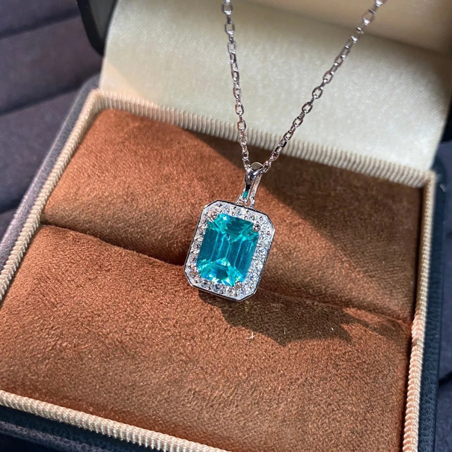 925 Sterling Silver Zircon Geometric Pendant Necklace Tiffany Blue / One Size Apparel and Accessories