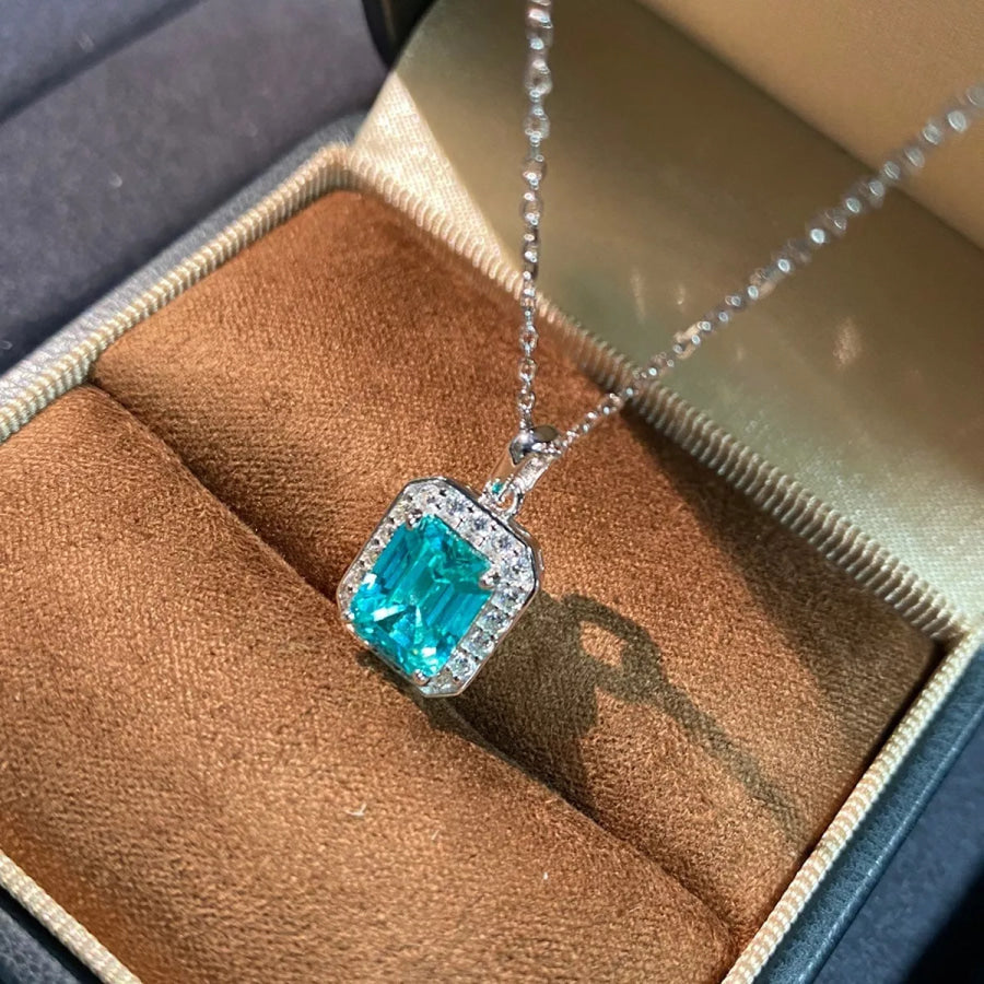 925 Sterling Silver Zircon Geometric Pendant Necklace Tiffany Blue / One Size Apparel and Accessories