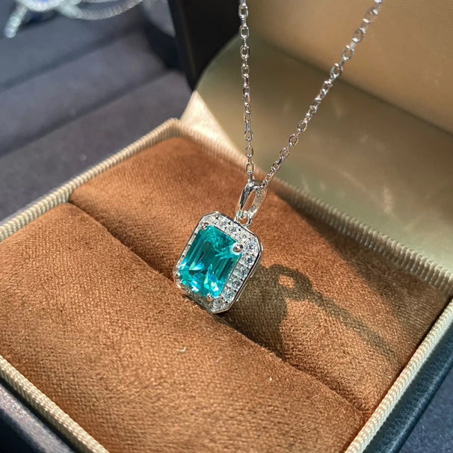 925 Sterling Silver Zircon Geometric Pendant Necklace Tiffany Blue / One Size Apparel and Accessories