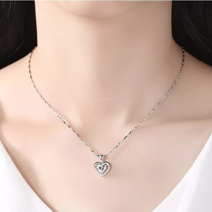 925 Sterling Silver Zircon Heart Necklace Silver / One Size Apparel and Accessories
