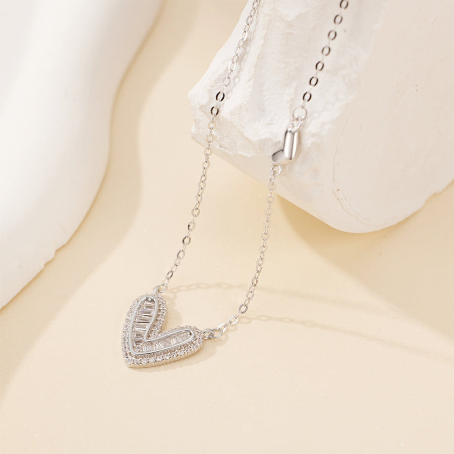 925 Sterling Silver Zircon Heart Necklace Silver / One Size Apparel and Accessories