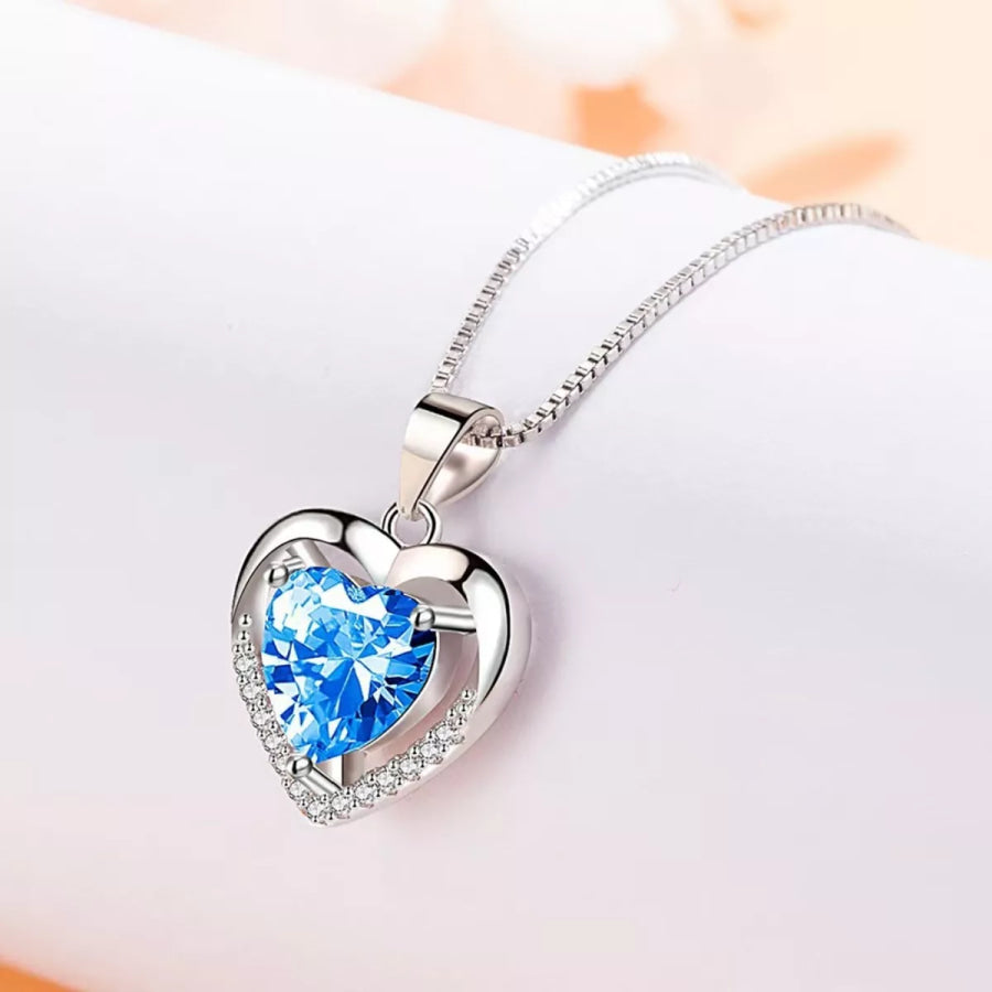 925 Sterling Silver Zircon Heart Necklace Pastel Blue / One Size Apparel and Accessories