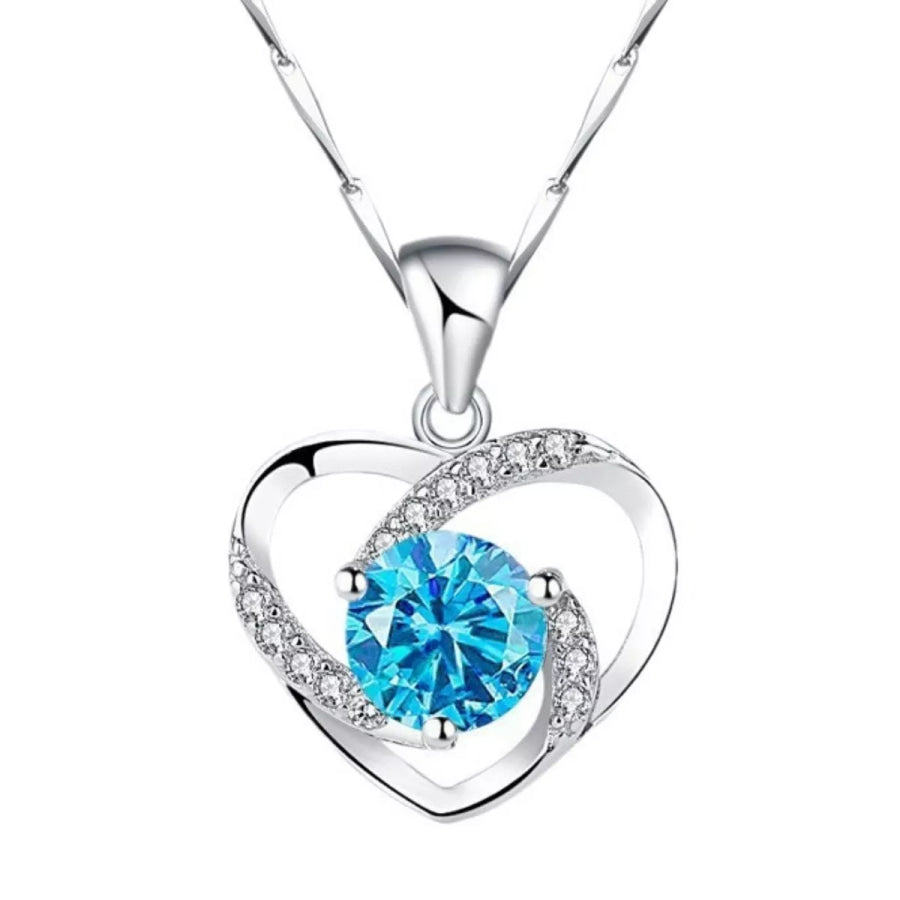 925 Sterling Silver Zircon Heart Necklace Pastel Blue / One Size Apparel and Accessories