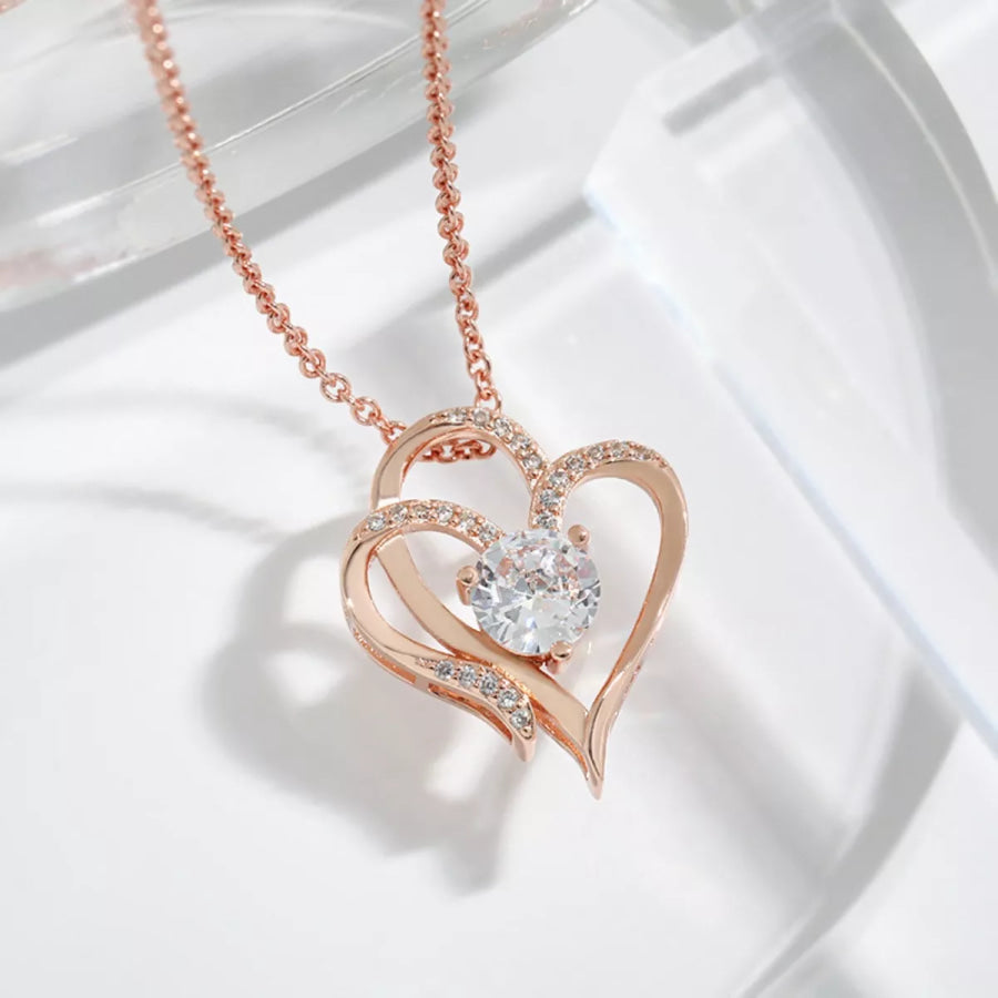 925 Sterling Silver Zircon Heart Necklace Rose Gold / One Size Apparel and Accessories