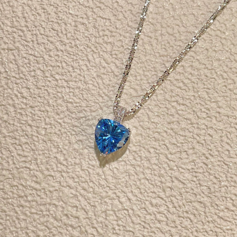 925 Sterling Silver Zircon Heart Necklace Sky Blue / One Size Apparel and Accessories