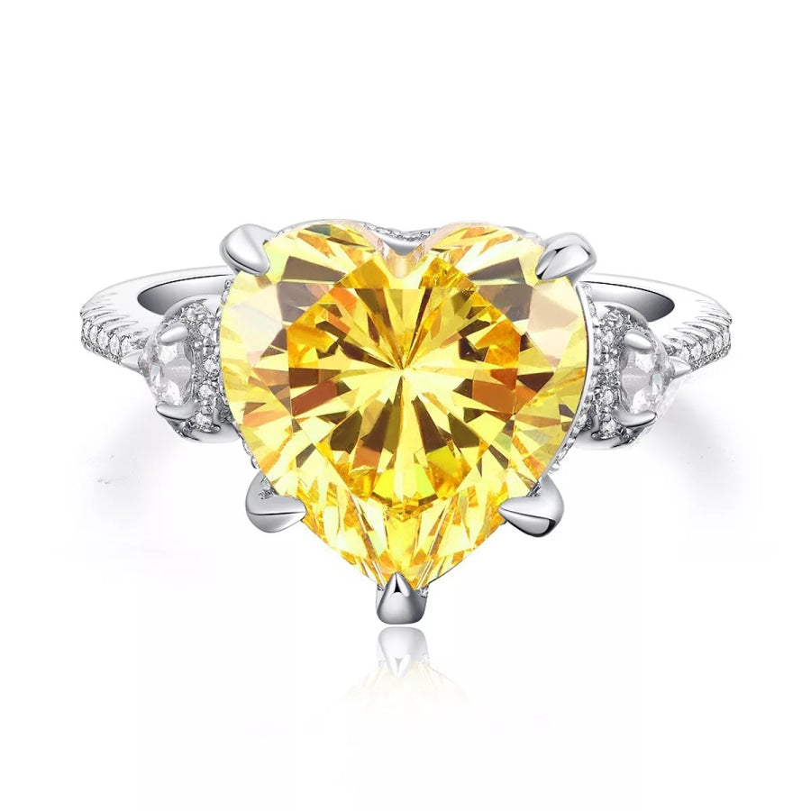 925 Sterling Silver Zircon Heart Ring Yellow / 5 Apparel and Accessories