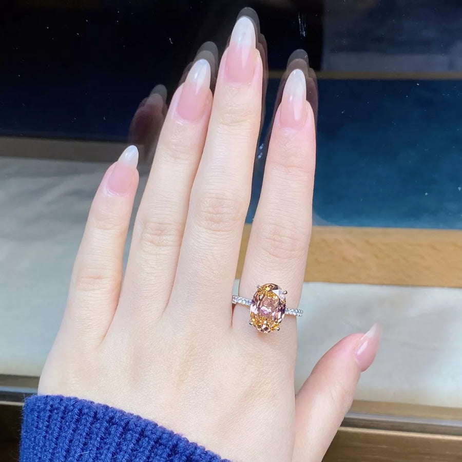 925 Sterling Silver Zircon Oval Ring Watermelon pink / 5 Apparel and Accessories