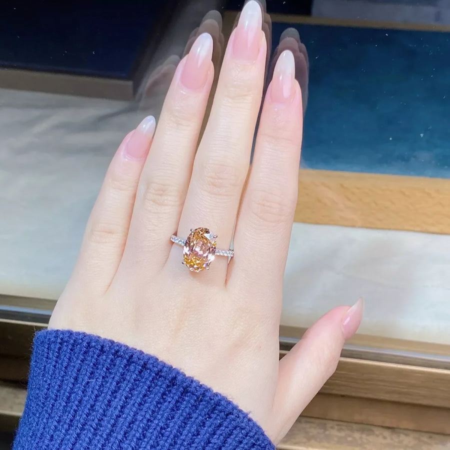 925 Sterling Silver Zircon Oval Ring Watermelon pink / 5 Apparel and Accessories