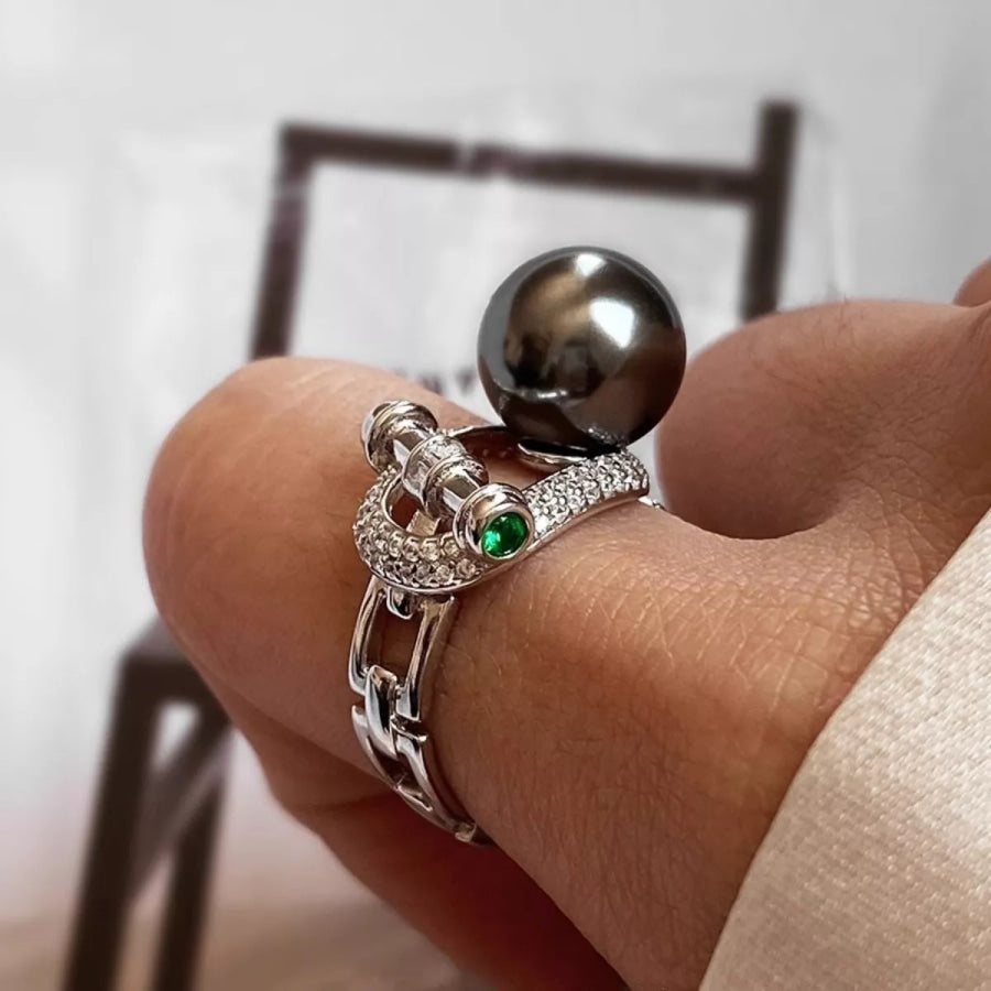 925 Sterling Silver Zircon Pearl Ring Silver / One Size Apparel and Accessories
