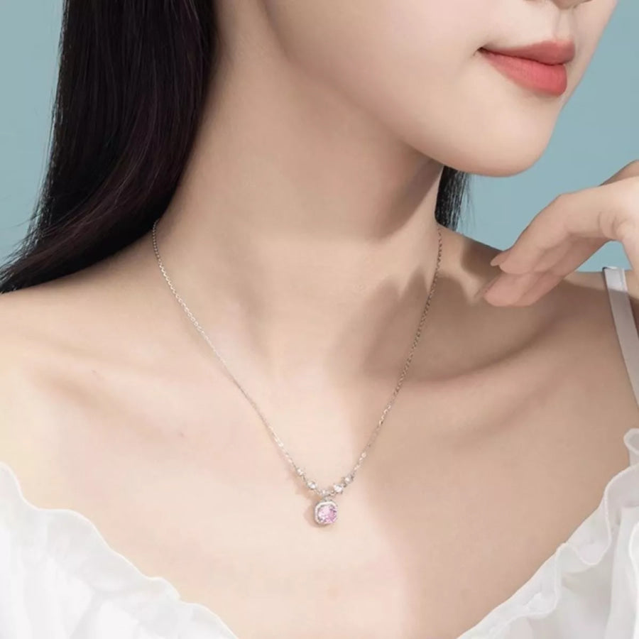925 Sterling Silver Zircon Pendant Necklace Blush Pink / One Size Apparel and Accessories