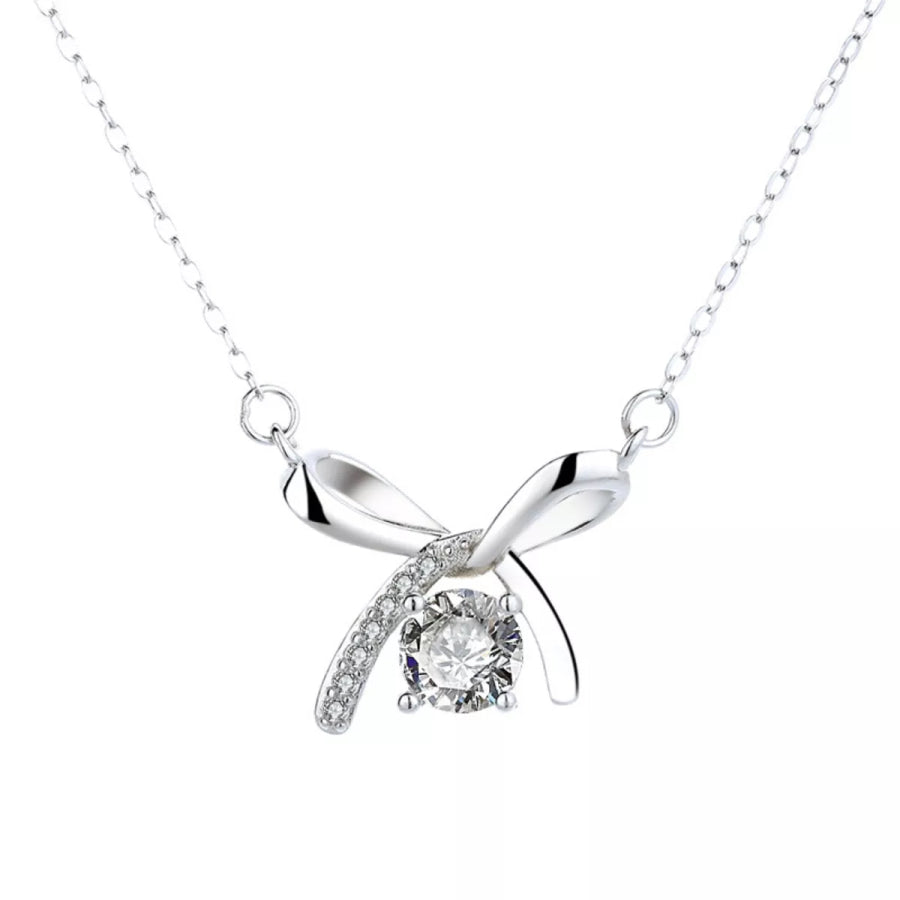 925 Sterling Silver Zircon Ribbon Pendant Necklace Silver / One Size Apparel and Accessories