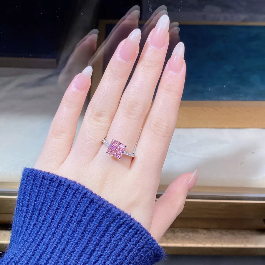 925 Sterling Silver Zircon Square Ring Blush Pink / 5 Apparel and Accessories