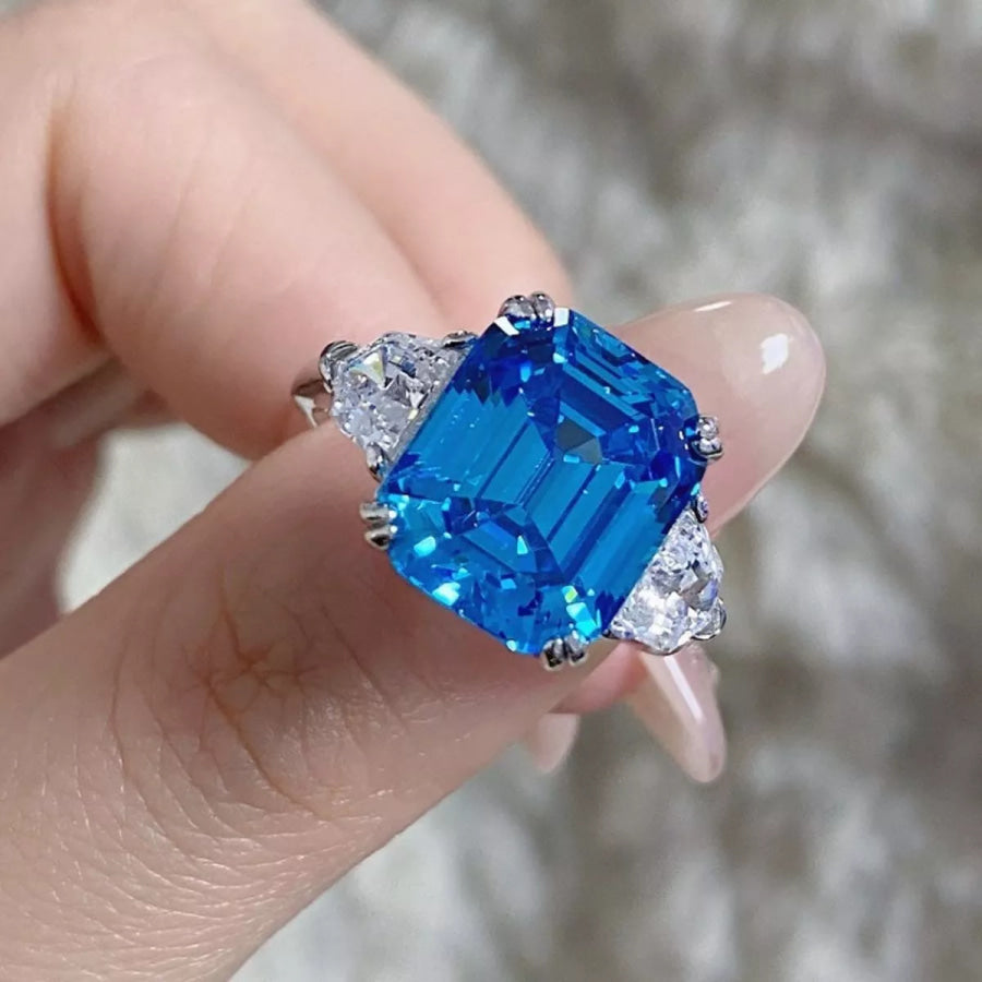 925 Sterling Silver Zircon Square Ring Cerulean / 5 Apparel and Accessories