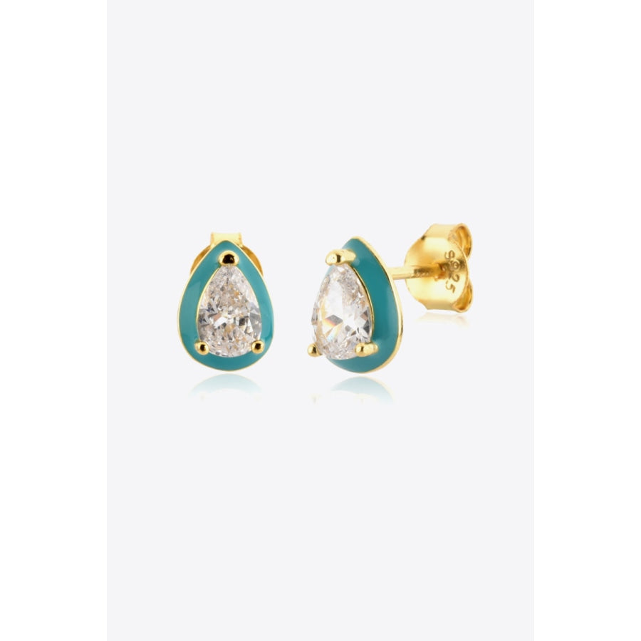 925 Sterling Silver Zircon Teardrop Stud Earrings Turquoise / One Size