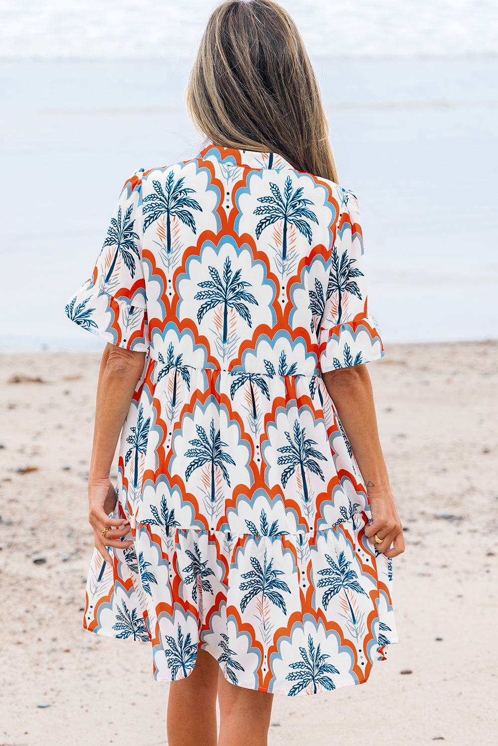 Orange Contrast Palm Tree Printed Short Sleeve Flowy Dress