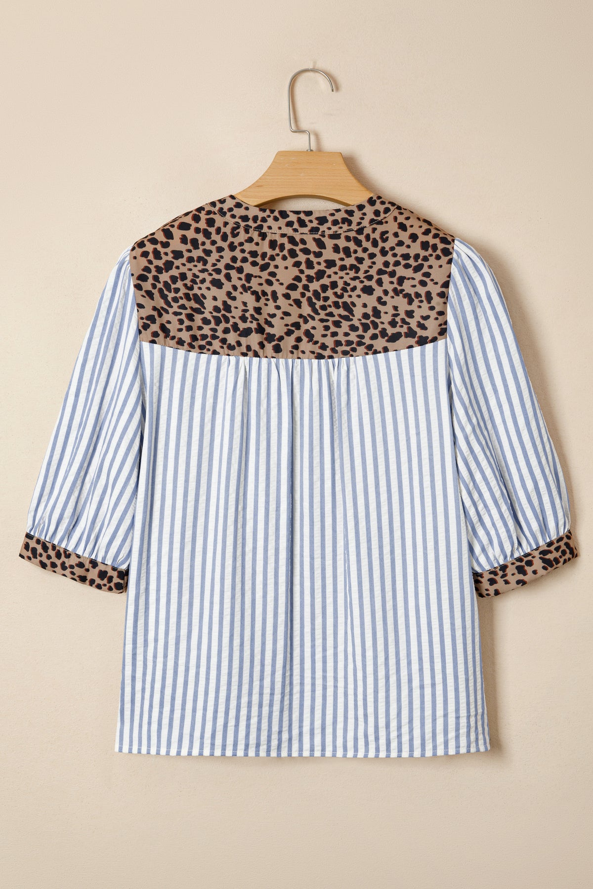Pink Stripe Leopard Trim V Neck Button Down Half Sleeve Shirt