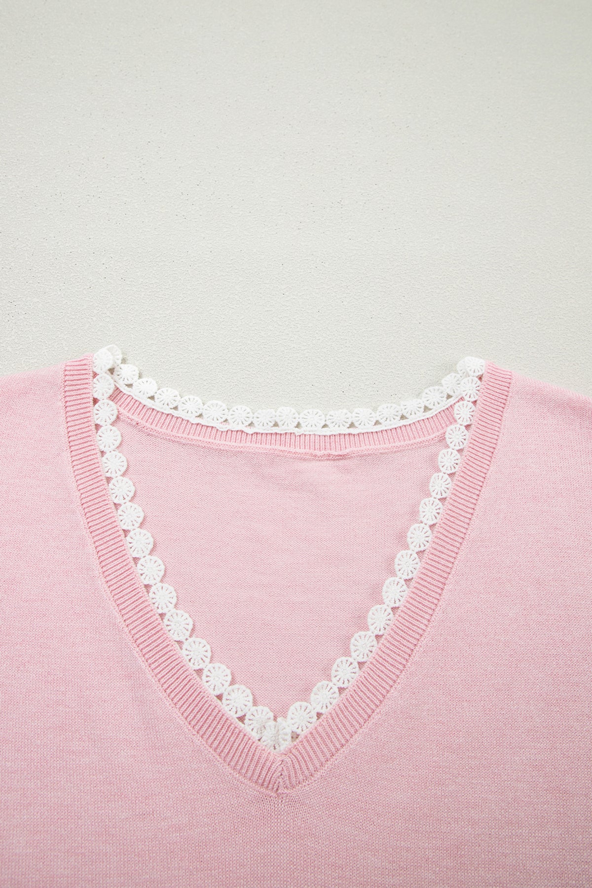 Strawberry Pink Lacy V Neckline Short Sleeve Sweater