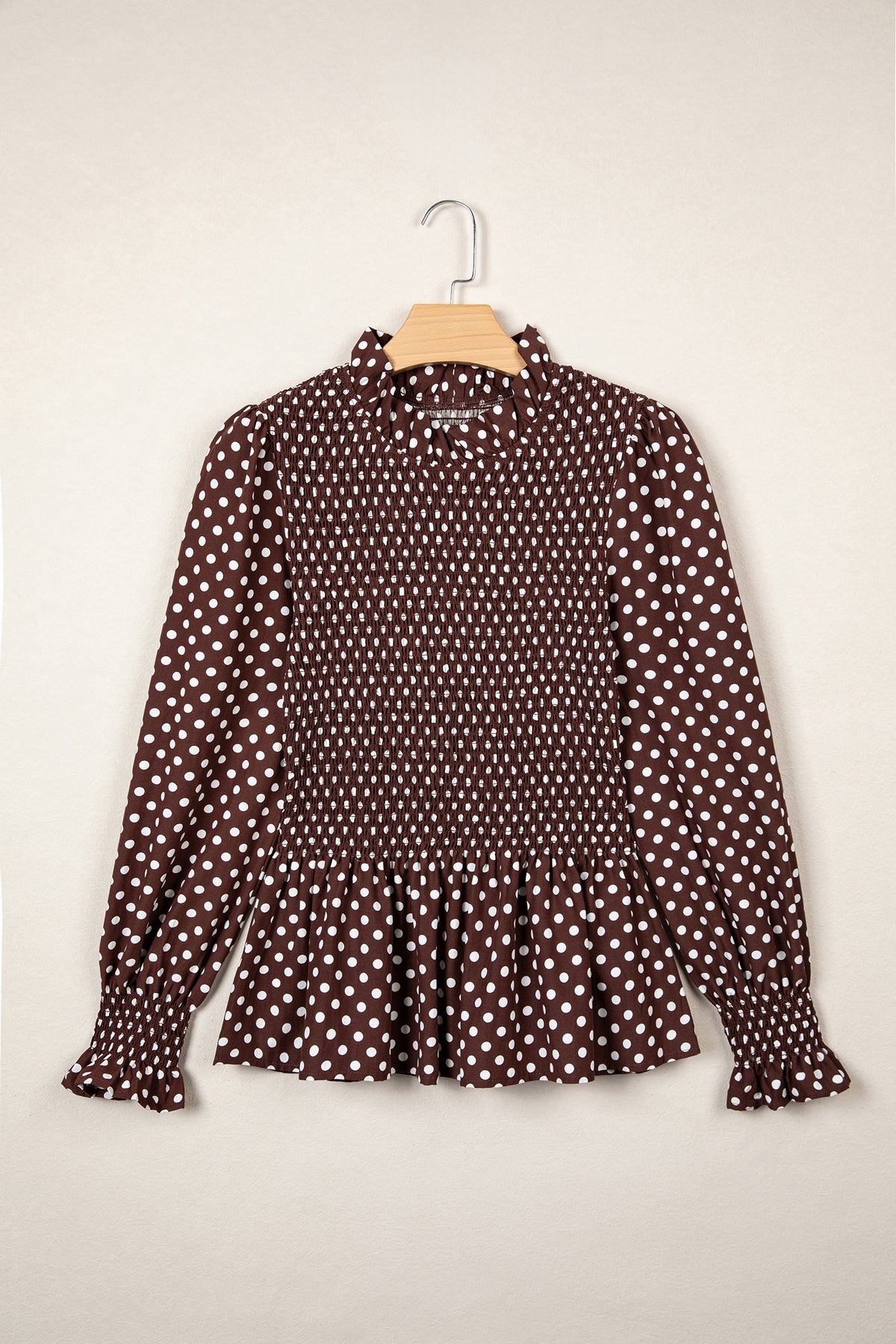 Brown Polka Dot Ruffled High Neck Shirred Ruffle Hem Blouse