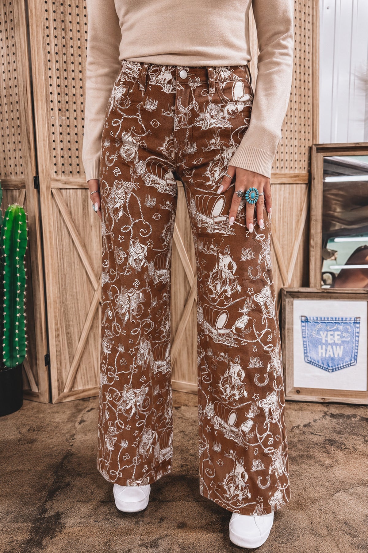 Khaki Patchwork Print Casual Shift Jeans
