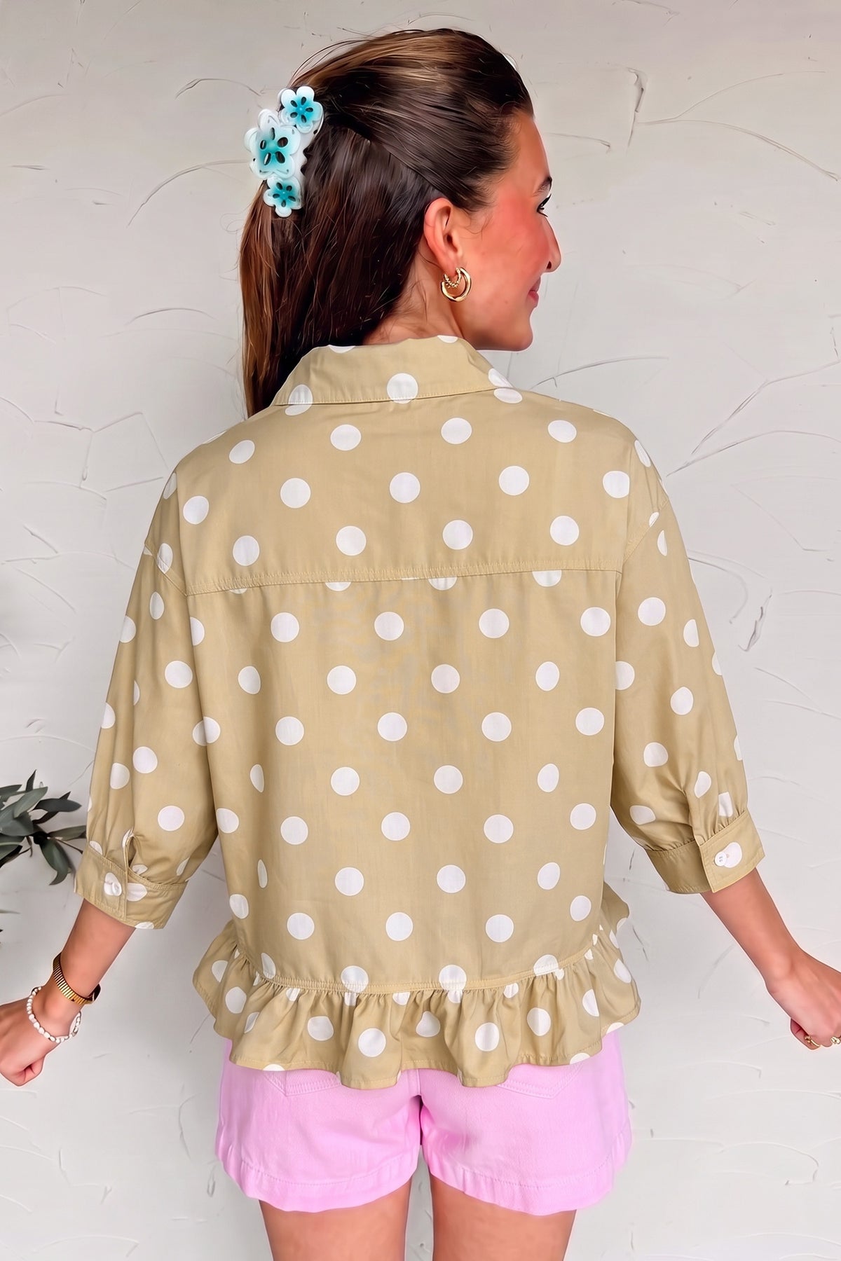 White Polka Dot Print Three Quarter Sleeve Ruffle Hem Casual Shirt