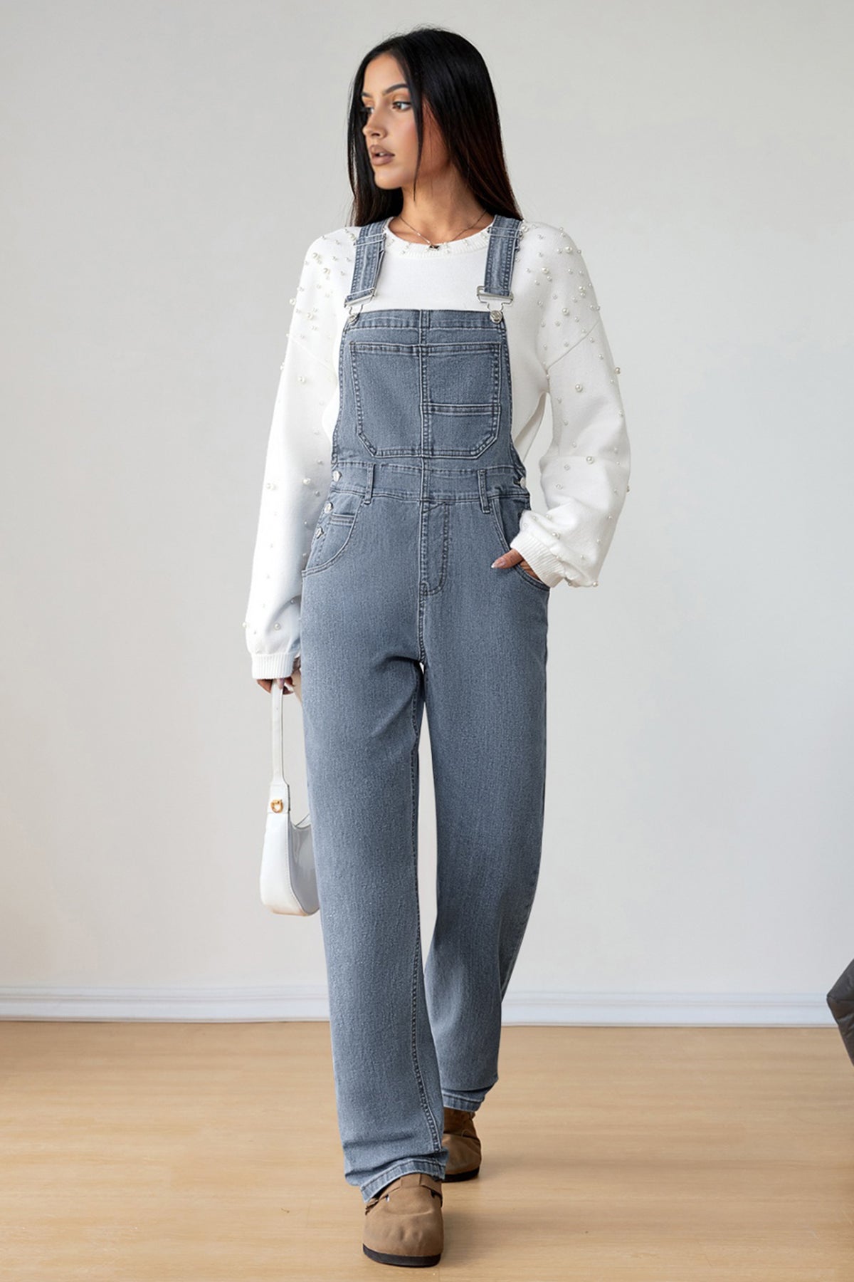 Light Blue Retro Bib Pocket Buckle Straps Casual Denim Jumpsuit