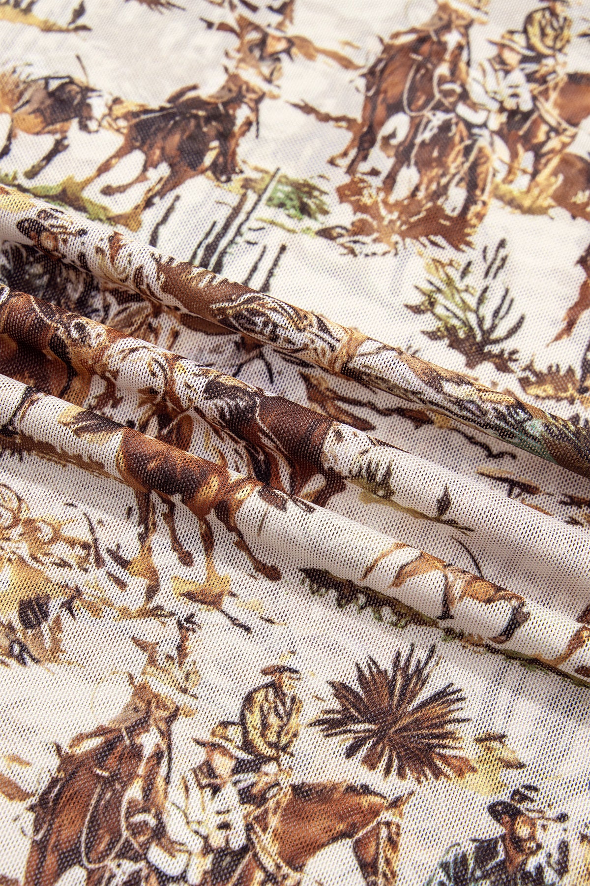 Beige Western Cowboy Floral Print Sheer Mesh Long Sleeve Top