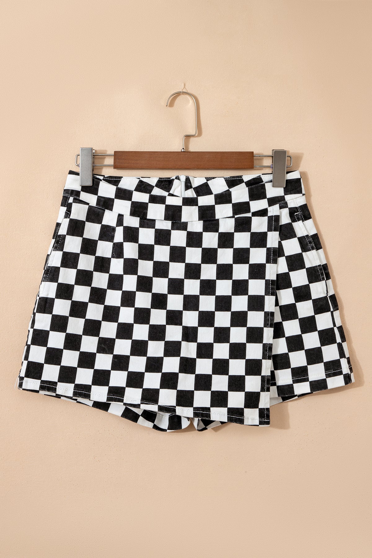 Black Checkered Print Overlap Denim Shorts