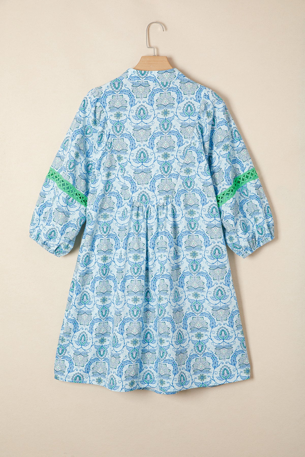 Sky Blue Boho Paisley Print Contrasted Patchwork Detail Bracelet Sleeve Loose Mini Dress