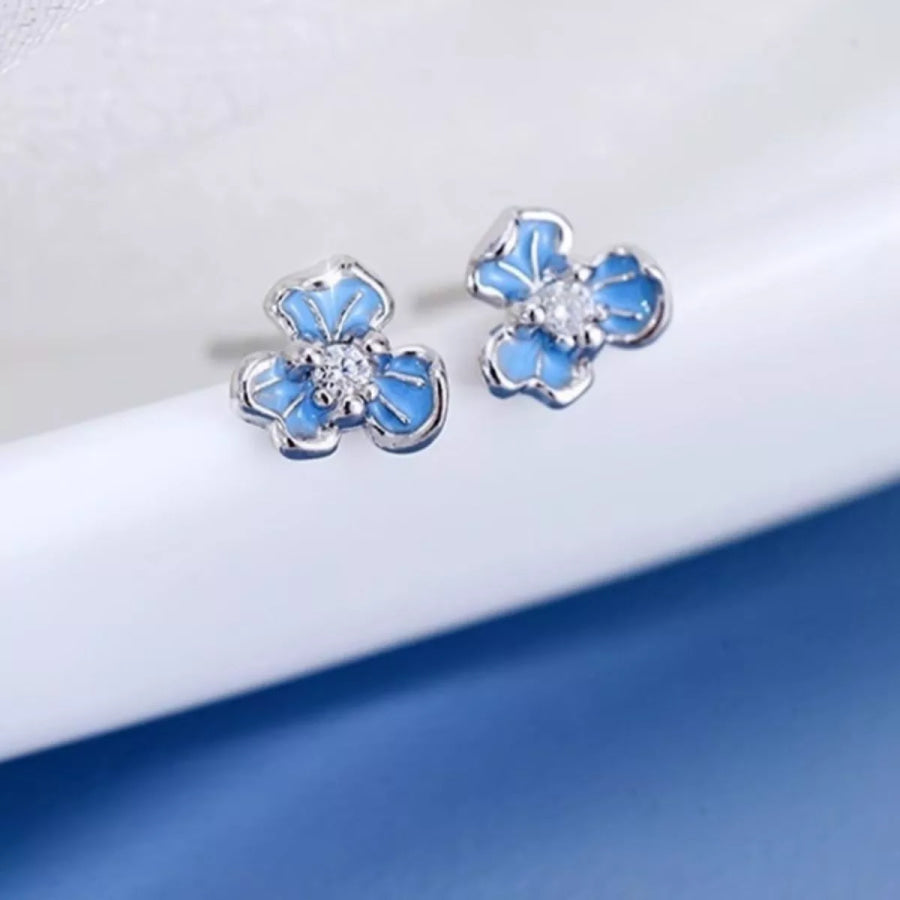 999 Sterling Silver Flower Stud Earrings Light Blue / One Size Apparel and Accessories